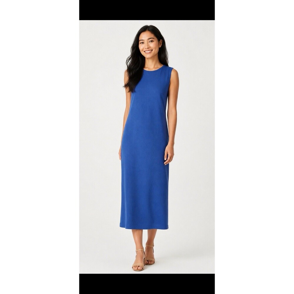 NWT Eileen Fisher Silk Georgette Crepe Bateau Neck Maxi Dress Catalina Blue S